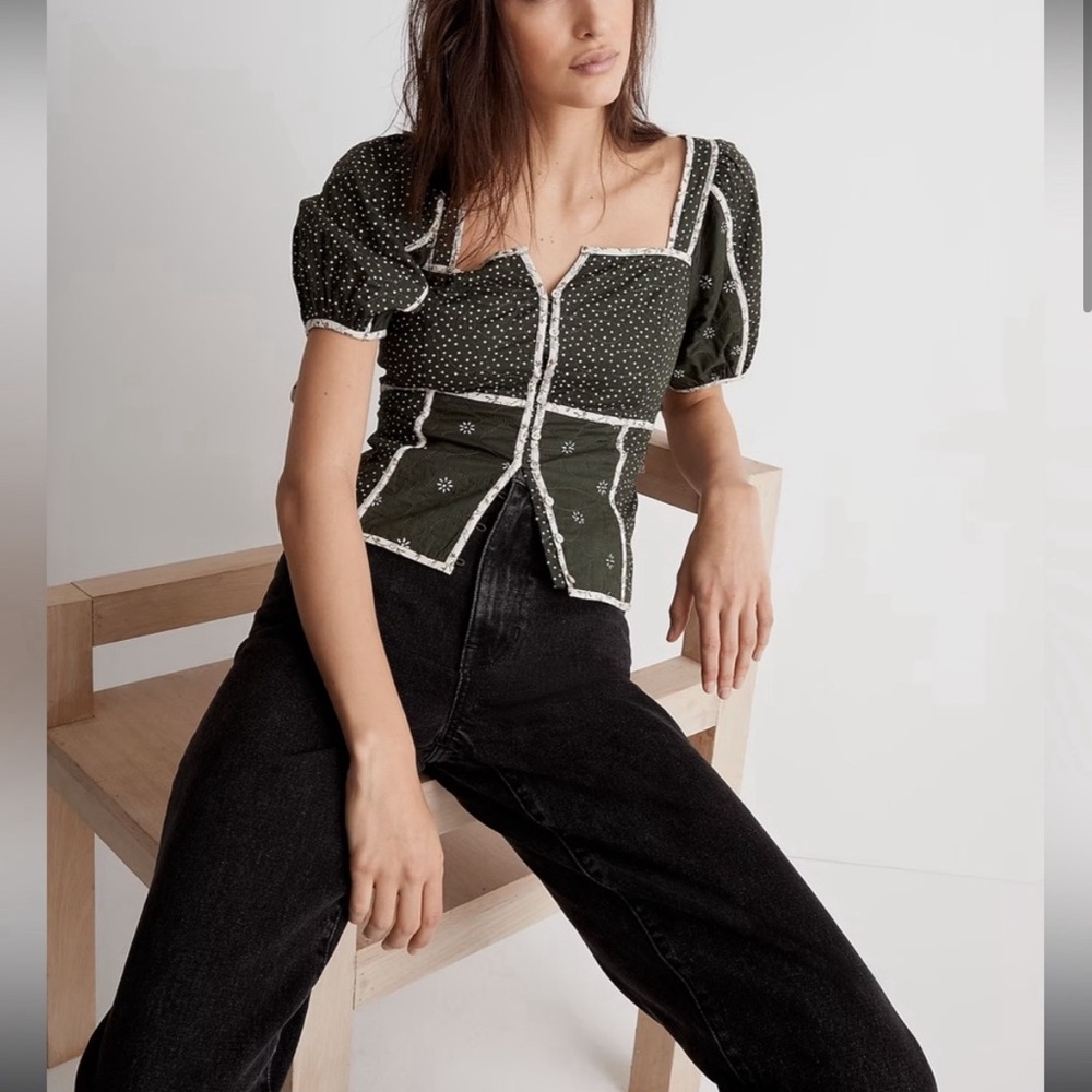 Madewell Dark Green Puff Sleeve Peasant Top with Cream Trim - Picture 2 of 4